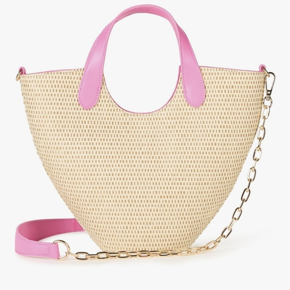 Pink Jade Straw Tote with Chain Strap